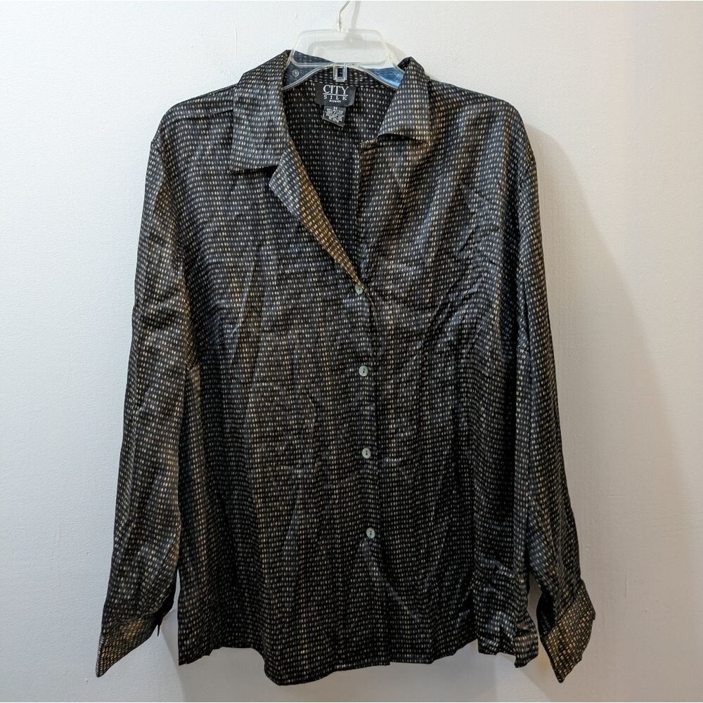 City Silk Woman Silk Button Up Top Long Sleeve Collar Diamond Pattern Women's 2X